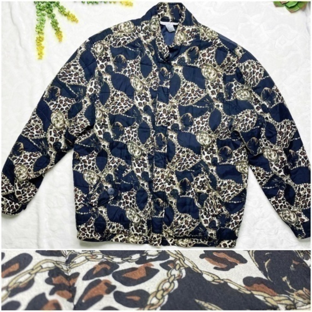 Vintage 80s 90s Anna and Frank Silk Zip Front Quilted Jacket Black Leopard Med